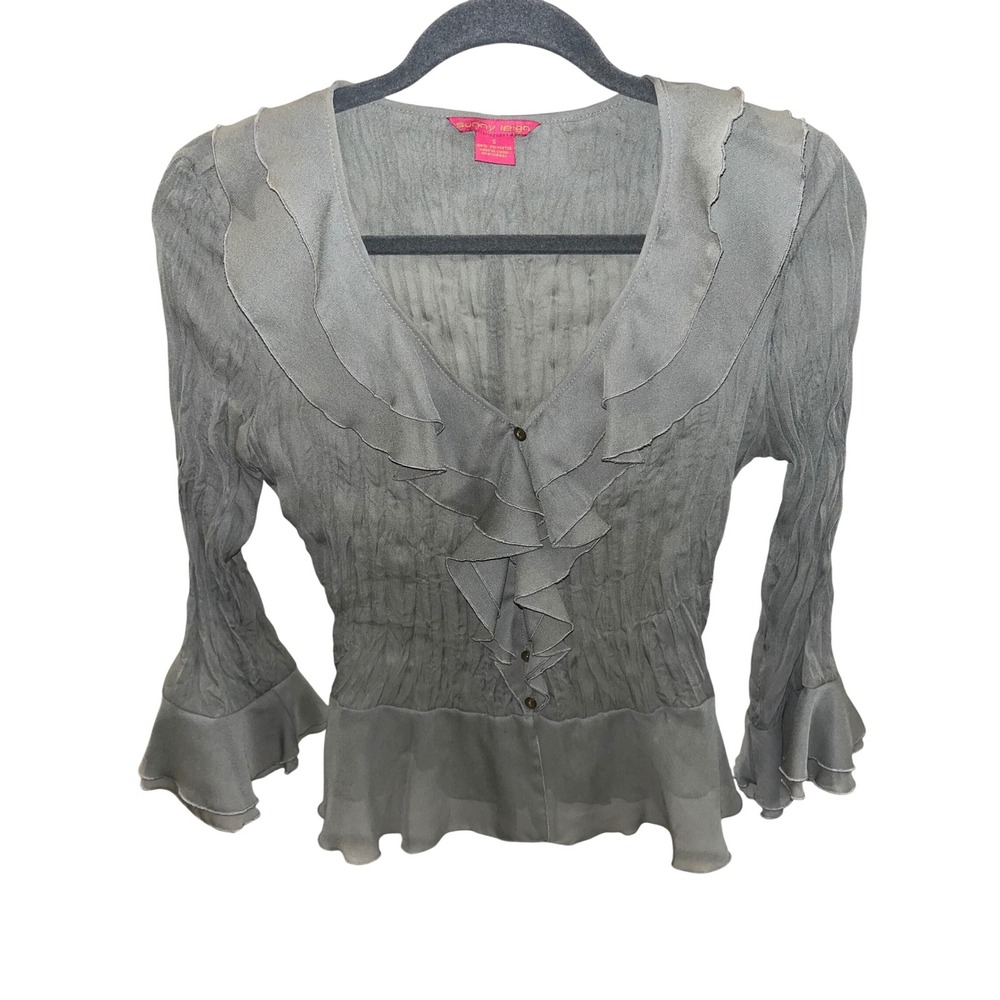 Y2k Sunny Leigh Gray Ruffle V-Neck Blouse Ruched Bodice Button Front Women's S